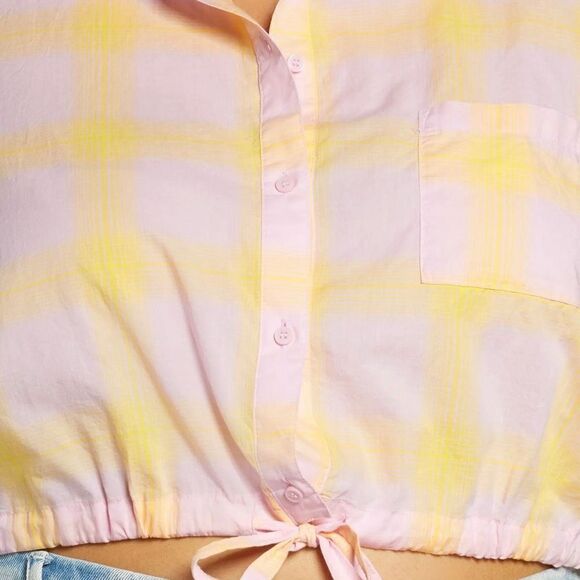 BP Nordstrom cropped button up shirt pink yellow windowpane NWT NEW 1X - Picture 5 of 8